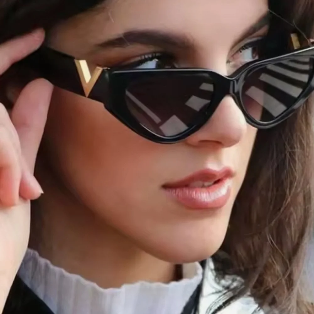 Black Cat Eye Sunglasses Gold V Detail UV Protection Trendy Chic Sunnies